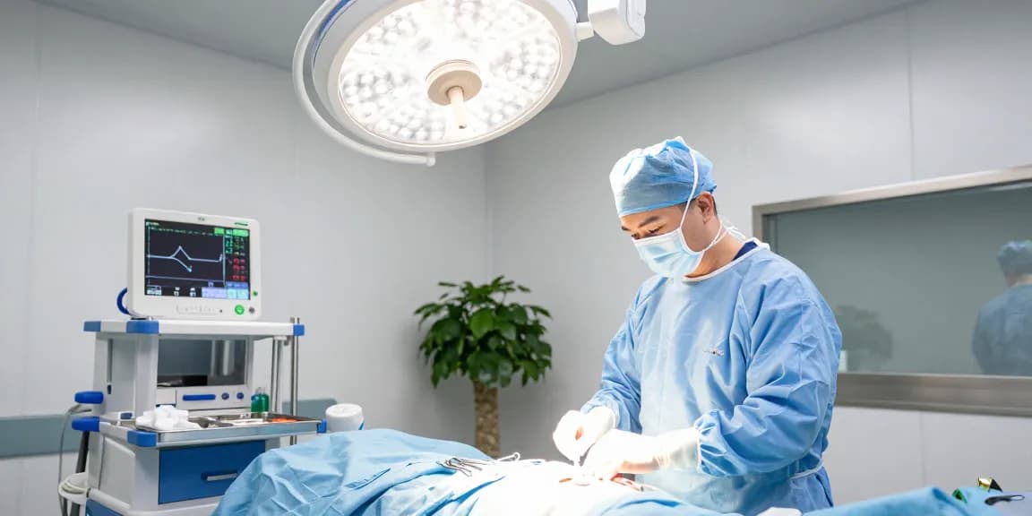 Surgical team in sterile surgical gloves preparing for an operation in a clinical setting.