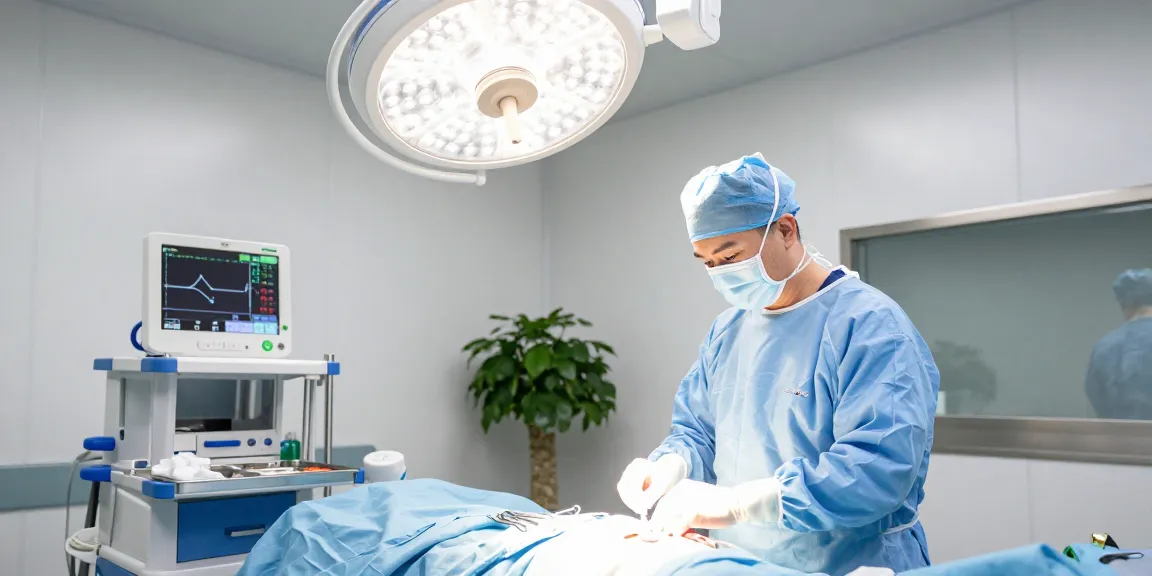 Surgical team in sterile surgical gloves preparing for an operation in a clinical setting.