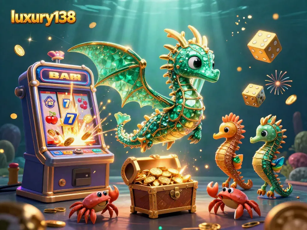 Experience vibrant casino fun with luxury138's magical underwater scene featuring a sea dragon and treasures.