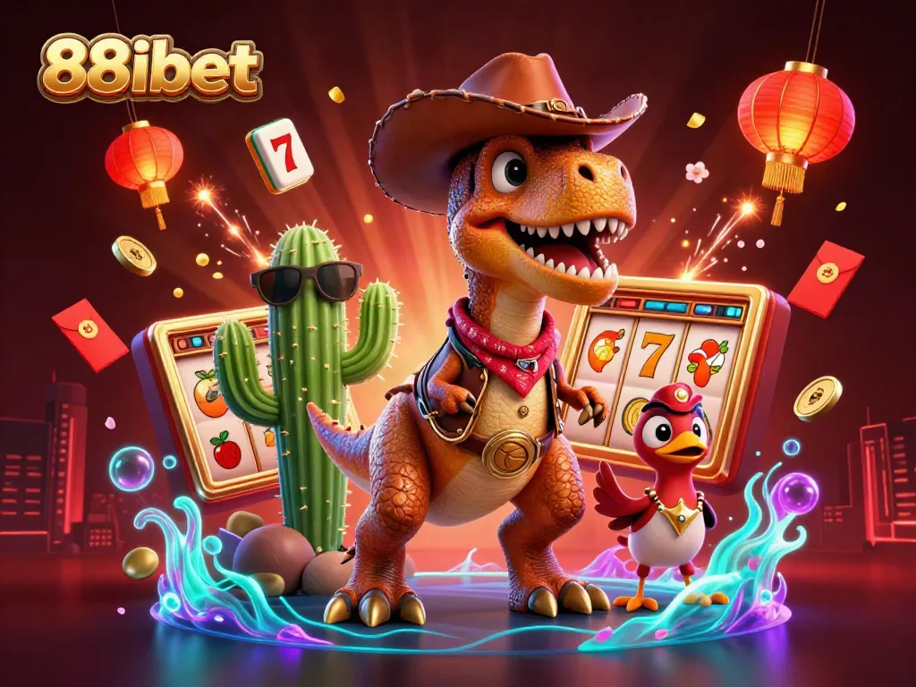 Experience thrilling gameplay with 88ibet as a T-Rex cowboy and friends enjoying vibrant casino action.