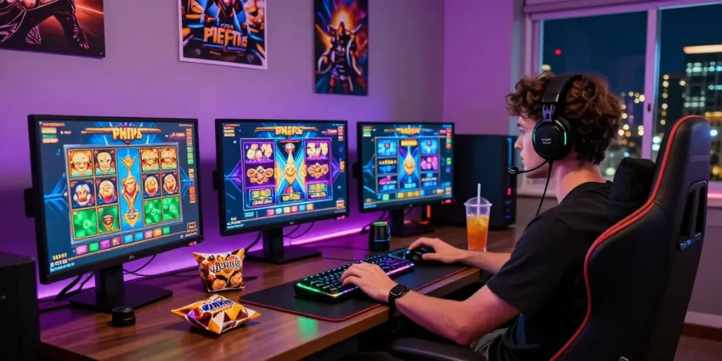 Pemain slot menikmati pengalaman bermain di desktop modern dengan layar permainan yang berwarna-warni.