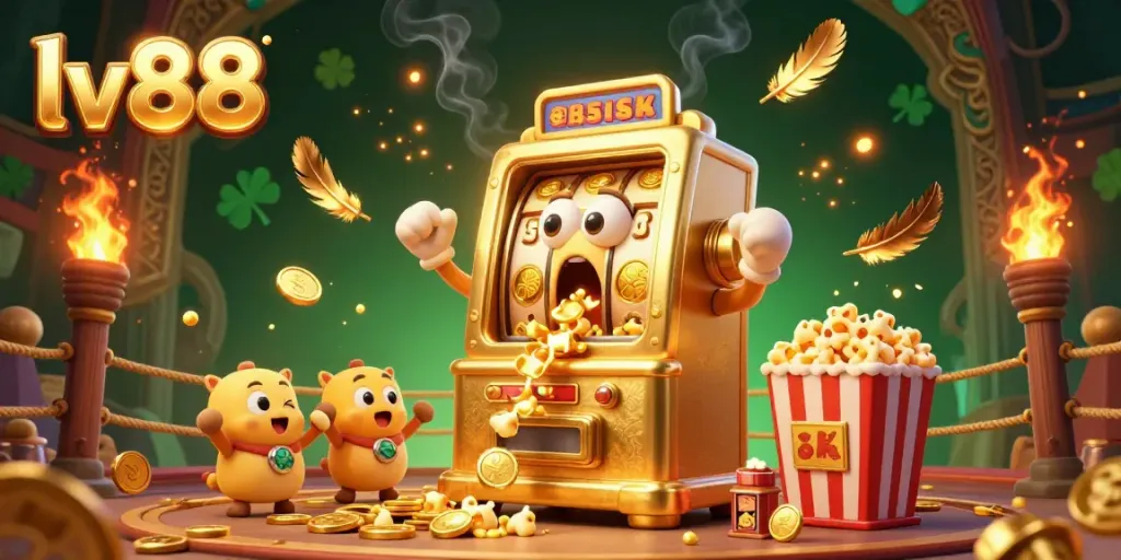 Join the vibrant excitement at lv88 as a golden slot machine celebrates hitting a jackpot, surrounded by cheering baby machines and golden elements.