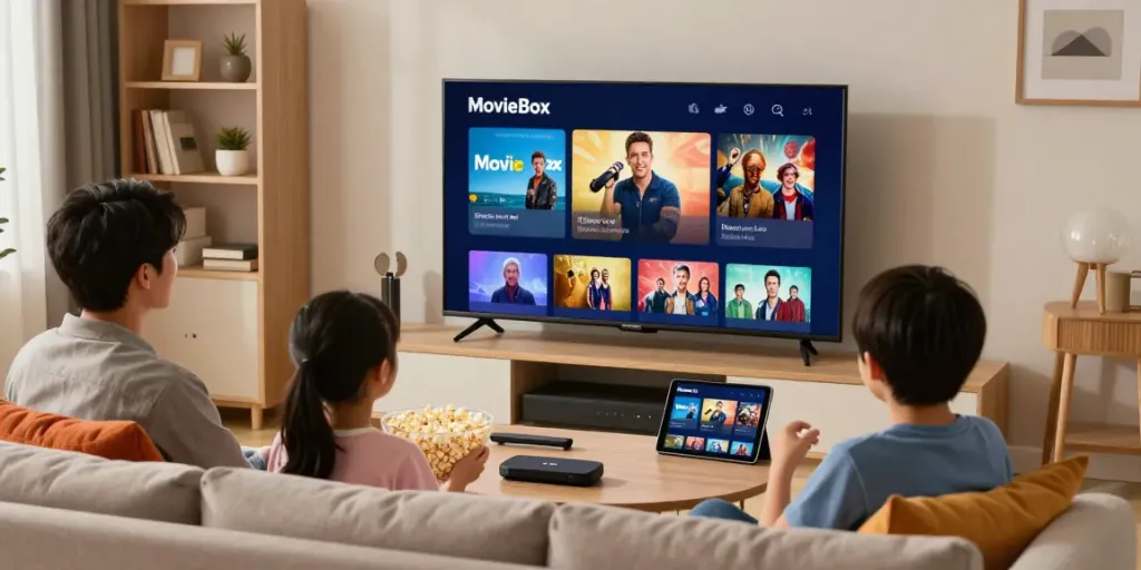 Family enjoying a movie night with the Movie Box app in a cozy living room.