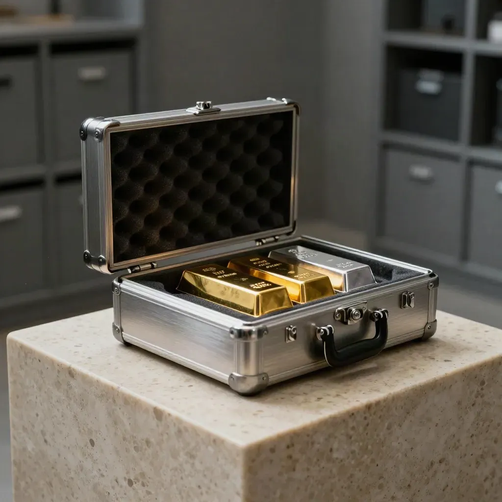 Open brushed-steel bullion case with gold and silver bars on travertine, lit with a cool rim glow.