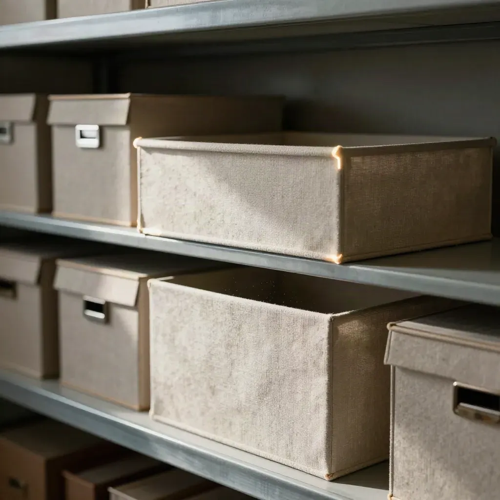 Archive boxes settling into a concrete shelving bay, lit by a single rim of warm light.