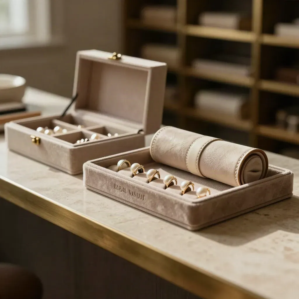 Open jewelry case with ring trays and a watch roll on a pale stone counter in soft window light.