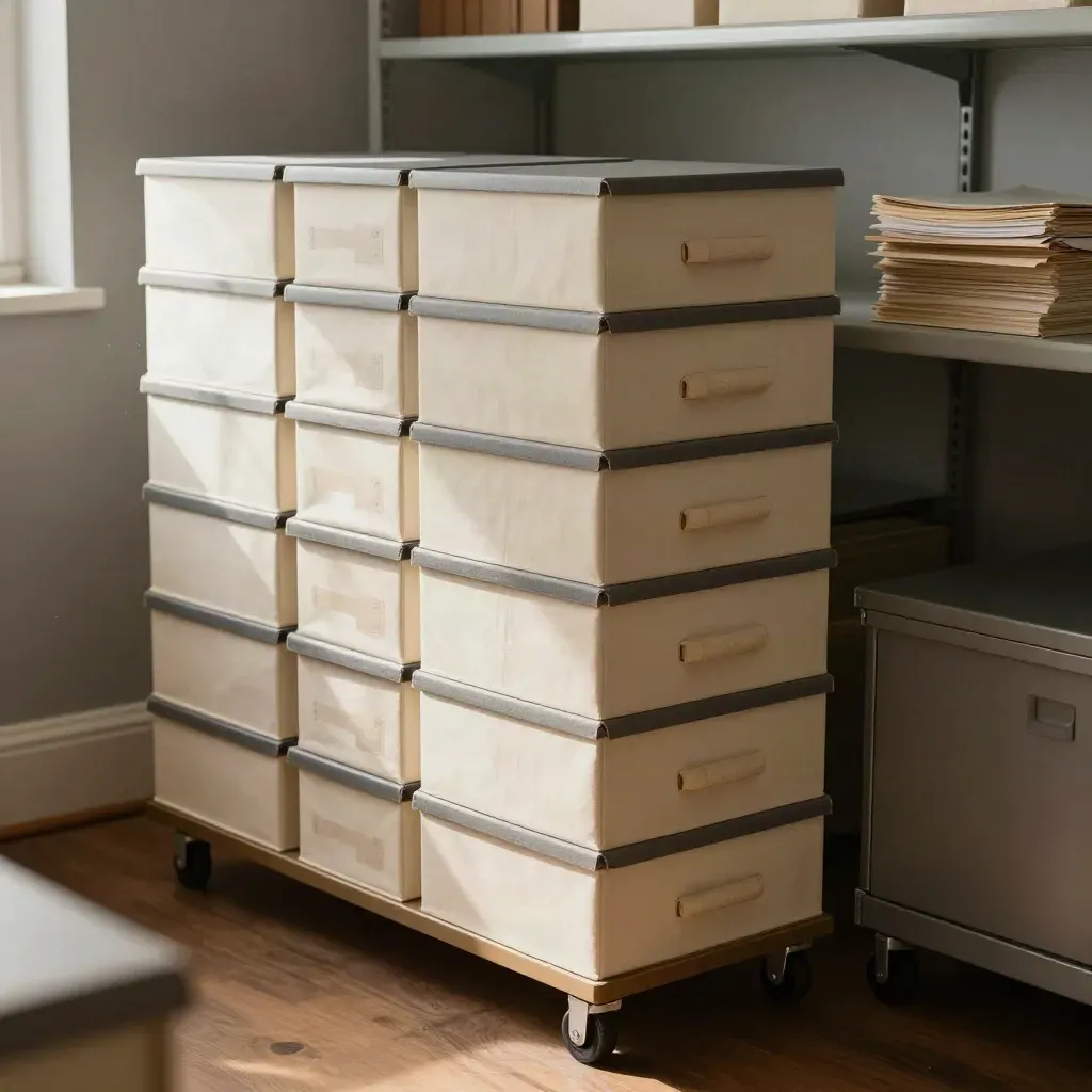 Archive boxes and a closed cart in a quiet records bay, lit by warm afternoon light