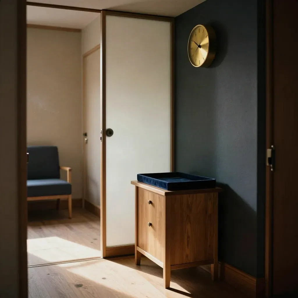 Empty collector appointment nook with velvet tray, brass clock, frosted screen, and oak table.