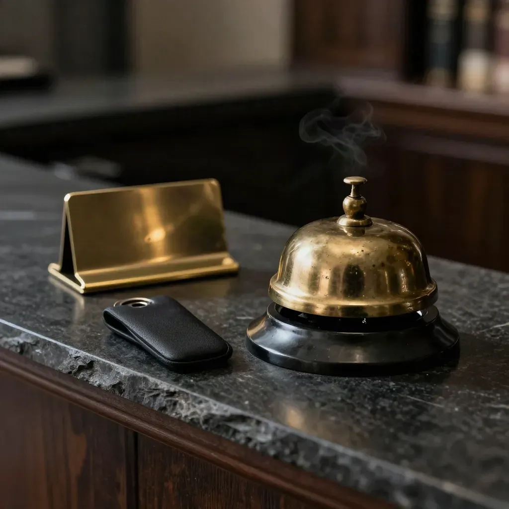 Brass bell, black key sleeve and privacy clip on dark stone in moody low light.