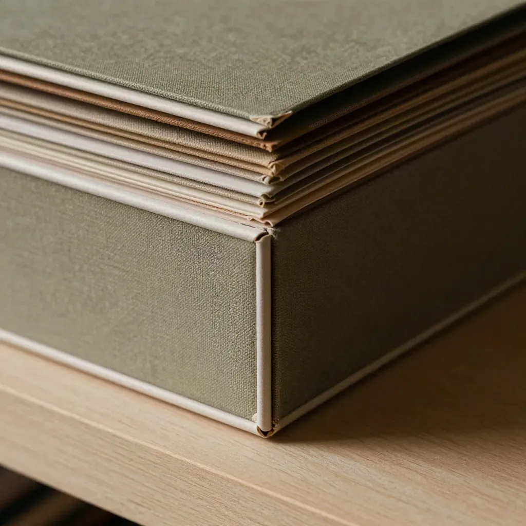 Macro of archival box corners, linen sleeves, and a bone paperweight on pale wood