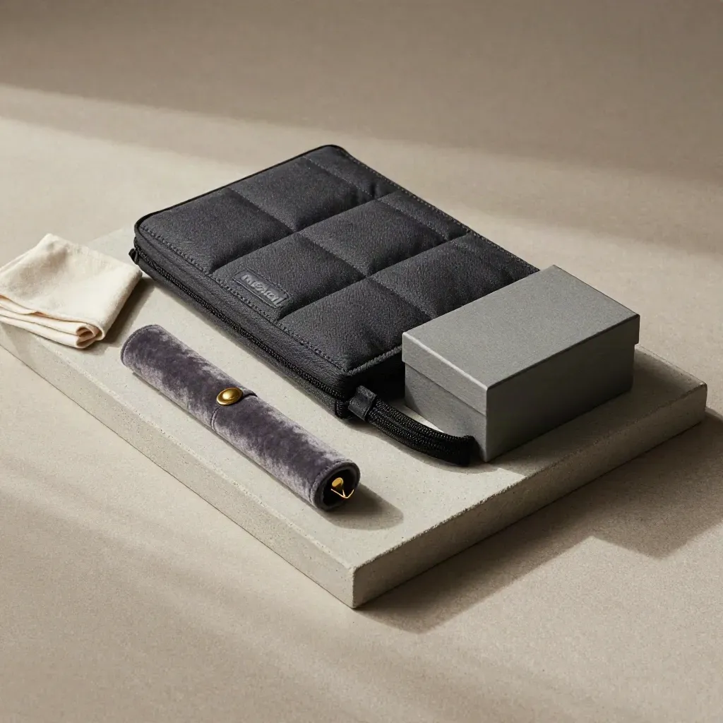 Overhead still life of a transport pouch, archival box and jewelry roll on pale concrete.