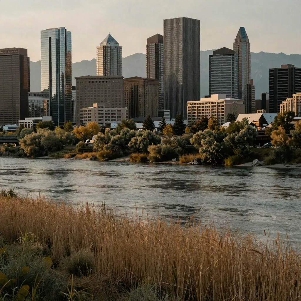 Calgary skyline over the Bow River with prairie grasses and hazy Rockies at sunset.