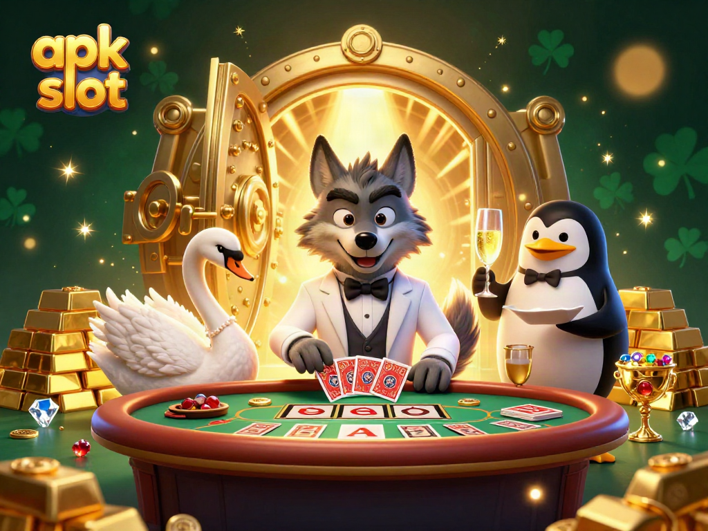 Engage with thrilling apk slot action as a debonair wolf and elegant swan deal cards amidst sparkling jewels.