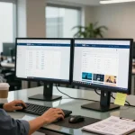 Engaged professional navigating the WPS Official Website in a contemporary office environment with productive elements.