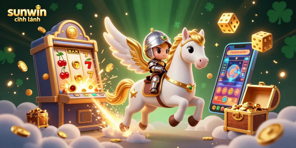 Engage in the thrilling world of sunwin chính hãng, featuring a celestial horse and jackpot slots in a vibrant casino scene.
